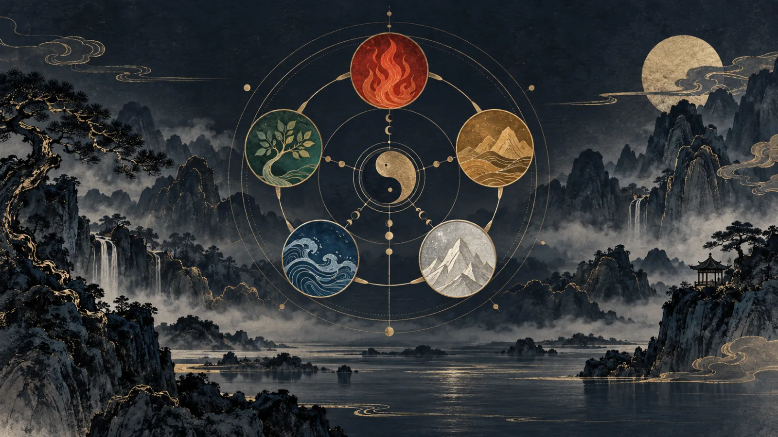 深色水墨山水中的五行圆环，木火土金水彼此连接