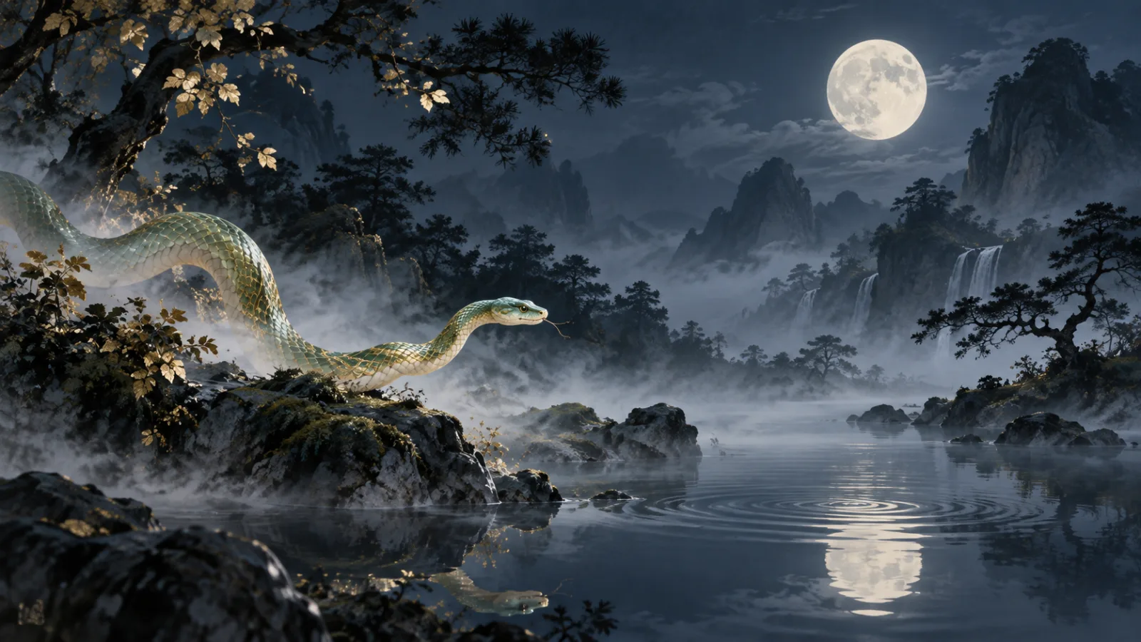 月夜水墨山林里一条温和的青金色蛇与水面涟漪