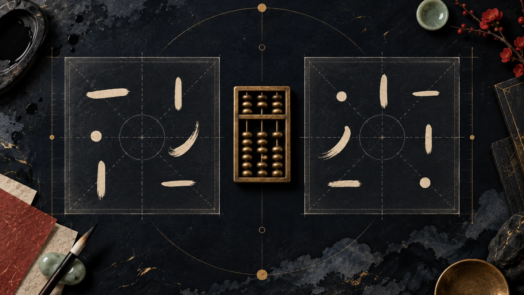两组抽象笔画格与中间的金色计数器，表现不同笔画口径的比较