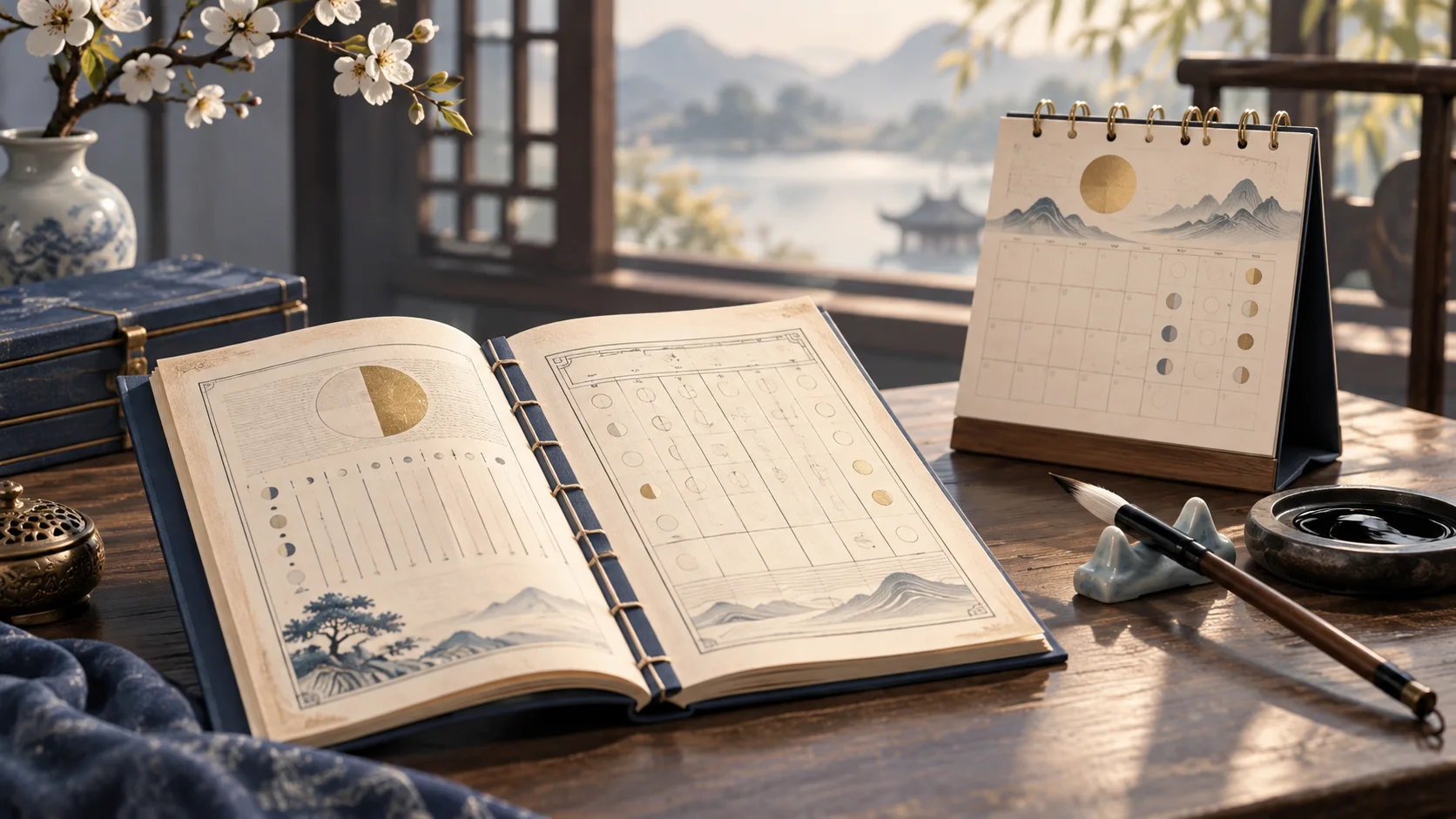 书案上的传统历书与桌面日历，呈现把黄历作为日期参考的场景