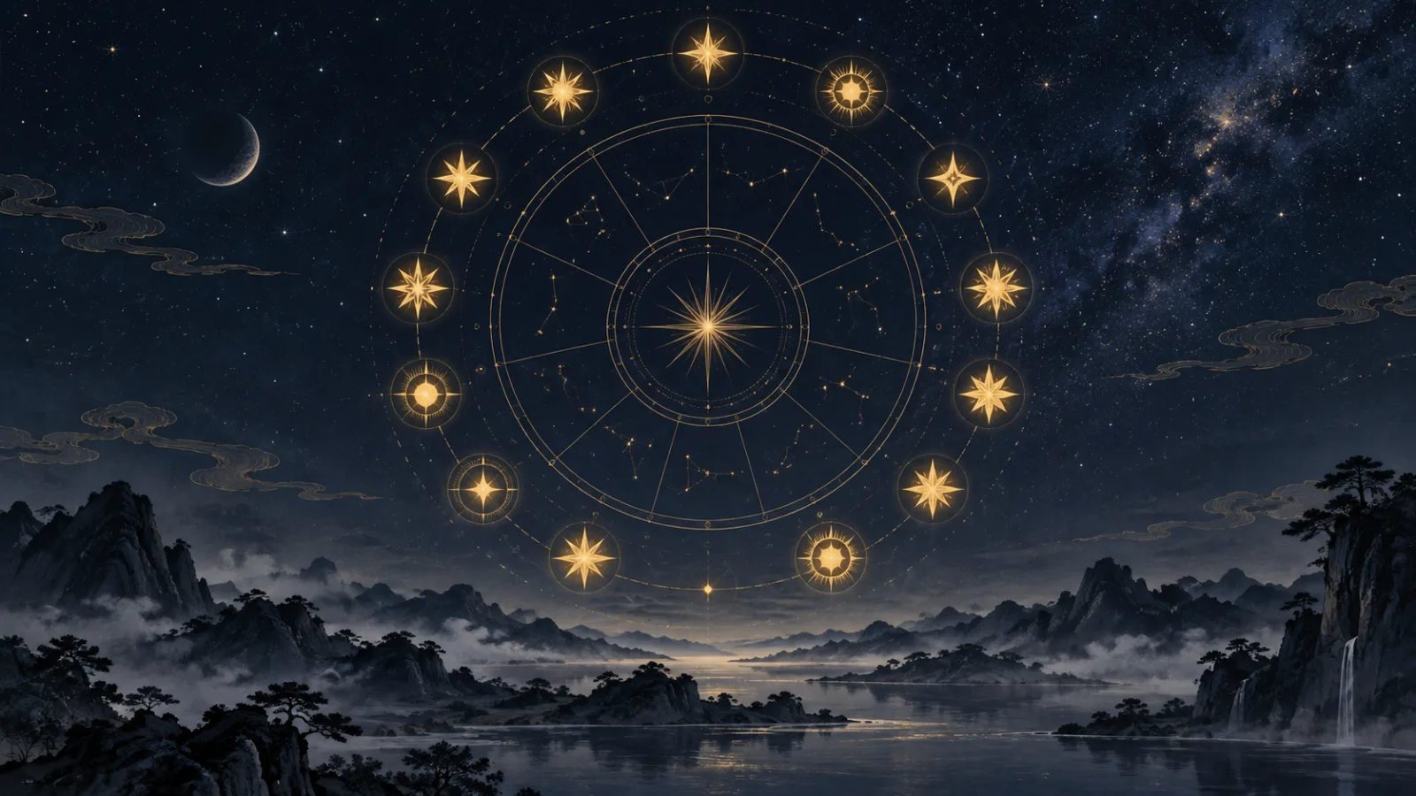 十四颗金色星光环绕十二宫盘与深蓝水墨山河